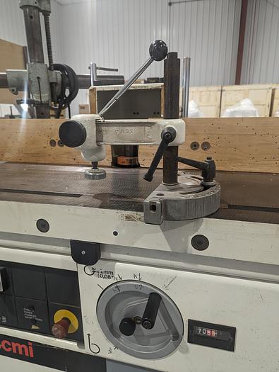 Used 1999 SCMI T130 NPS Sliding Table Shaper with Holz 3 Roll Power Feeder