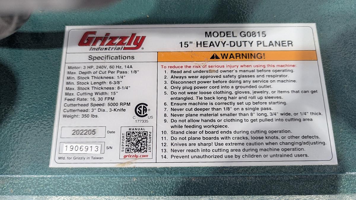 Used 2022 Grizzly G0815 15" 3 HP Heavy-Duty Planer With Stand