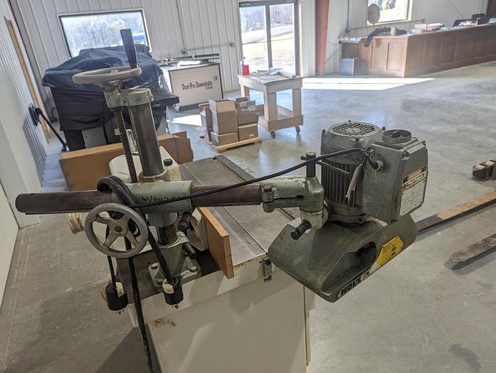 Used 1999 SCMI T130 NPS Sliding Table Shaper with Holz 3 Roll Power Feeder
