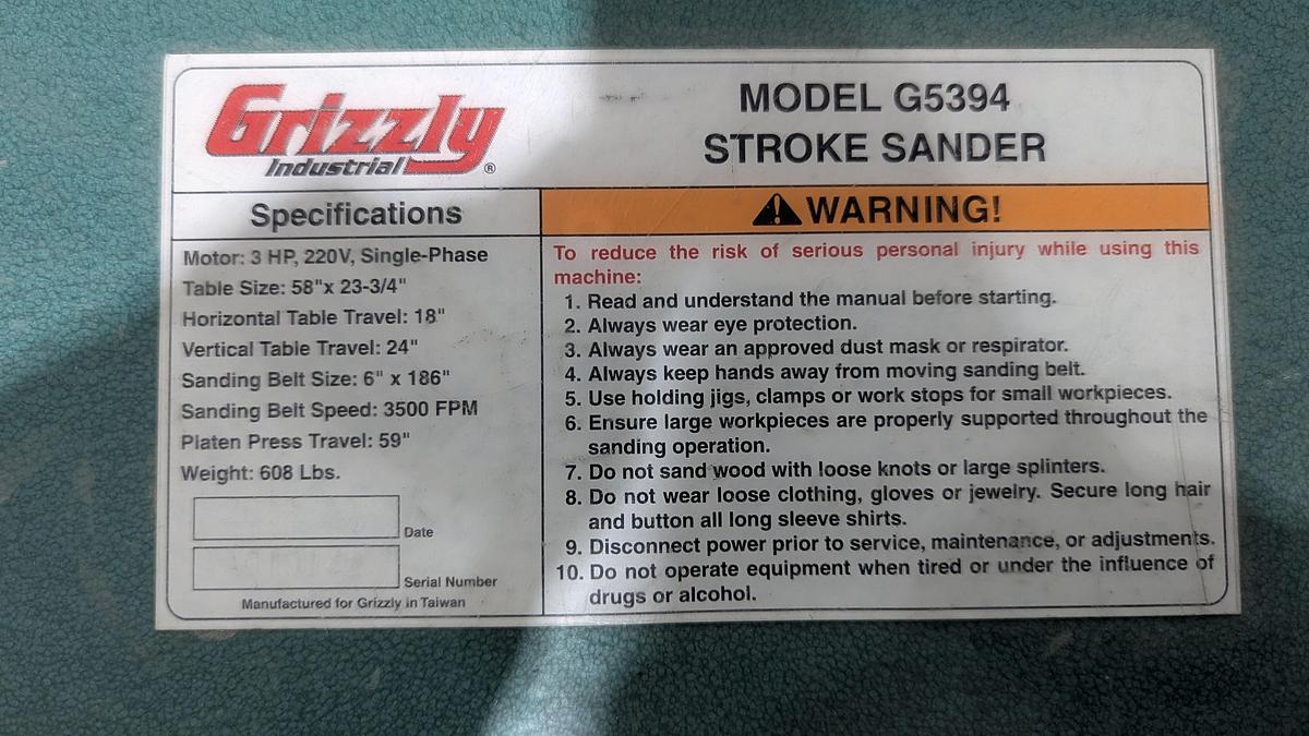 Used 2010 Grizzly G5394 6" x 186" Stroke Sander