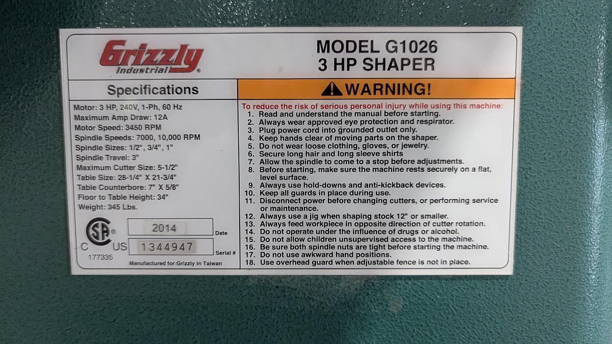 Used 2014 Grizzly G1026 3HP Shaper