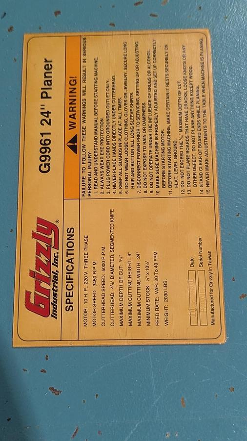 Used 2001 Grizzly G9961 24" 10 HP 3-Phase Industrial Planer w/ Spiral Cutterhead