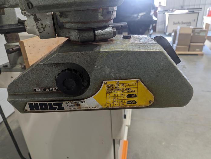 Used 1999 SCMI T130 NPS Sliding Table Shaper with Holz 3 Roll Power Feeder