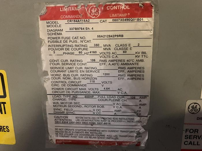 Used GENERAL ELECTRIC LIMITAMP CR7160  HP CONTROLLER W/ DRAW-OUT AIR-BREAK CONTACTOR