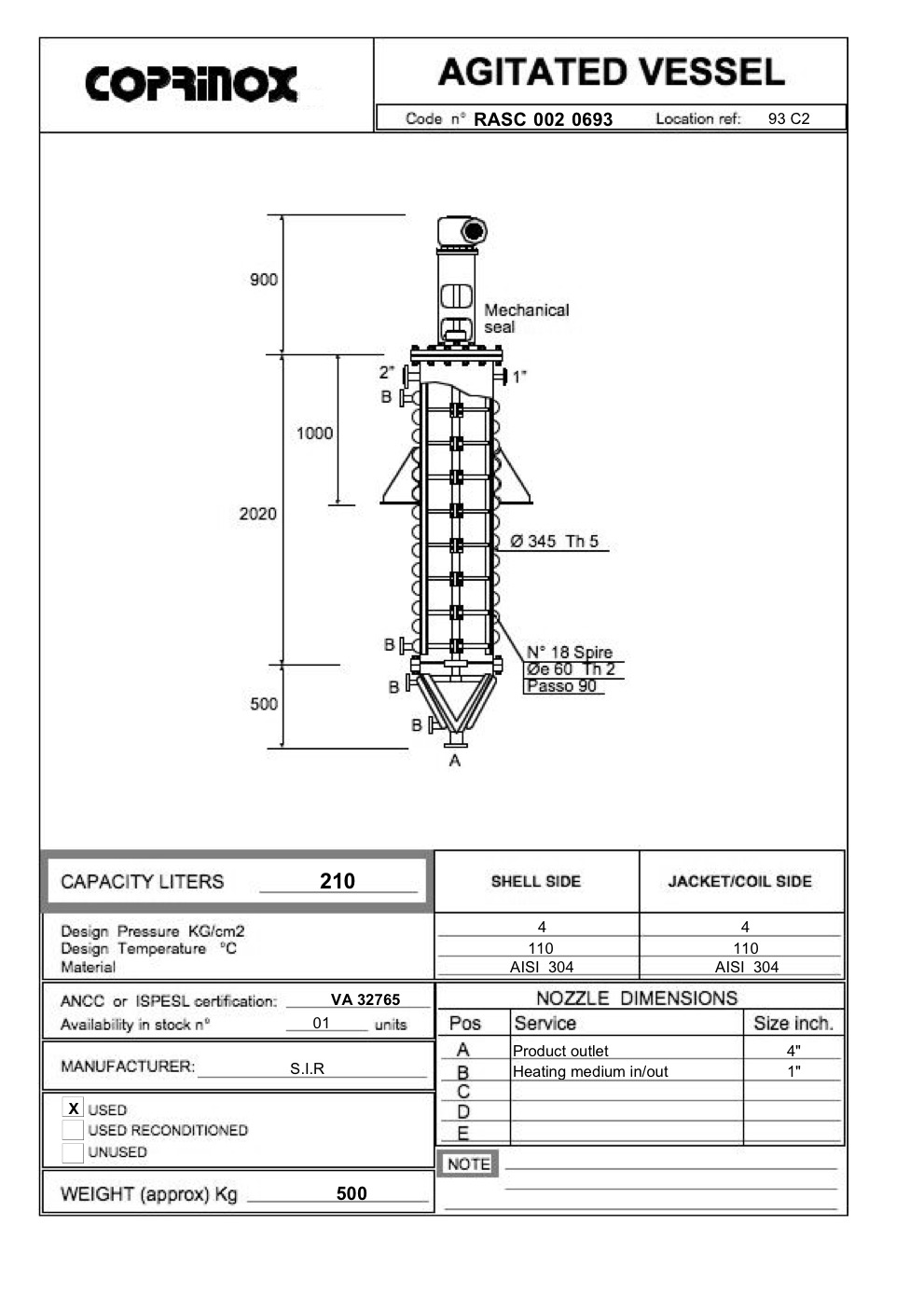 Usato Reattore S.I.R da 210 Litri