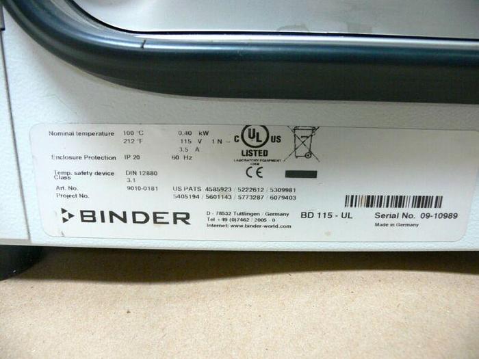 Used Binder 9010-0181 BD 115-UL 100°C Laboratory Microbiological Chamber 4.1 Cu. Ft.