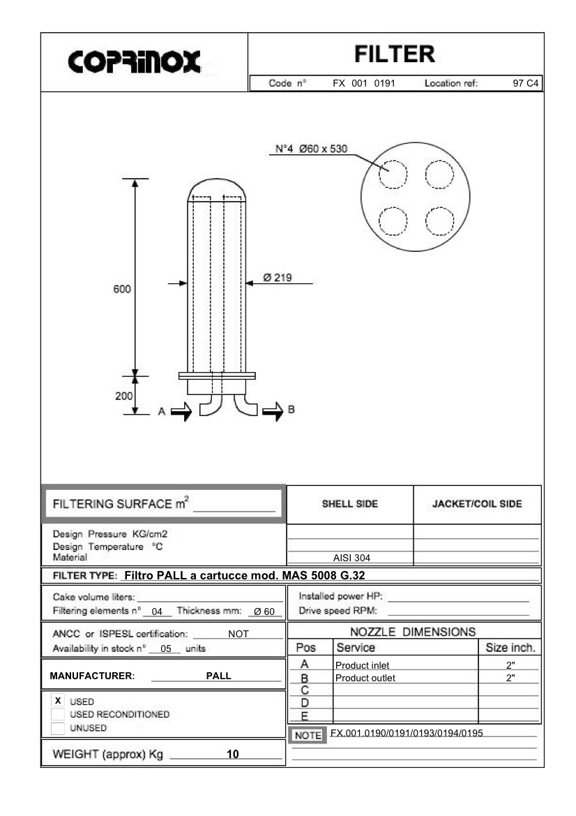 Used PALL cartridge filter mod. MAS 5008 G.32