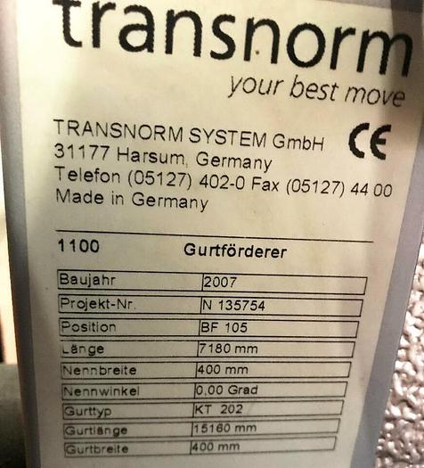 Gebraucht TRANSNORM Gurtförderer, Steigförderer, Förderband 7,18 Meter 1100