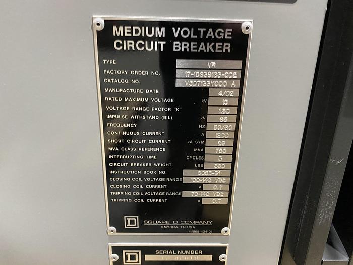 Used SQUARE D COMPANY 1200 AMP VACUUM SWITCH