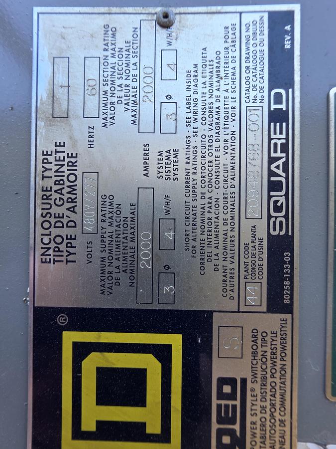 Used Square D 2000 Amp Distribution Panel