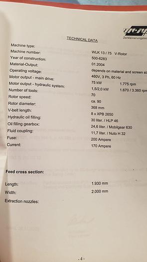 Used WEIMA Low Speed Grinder – 75 HP