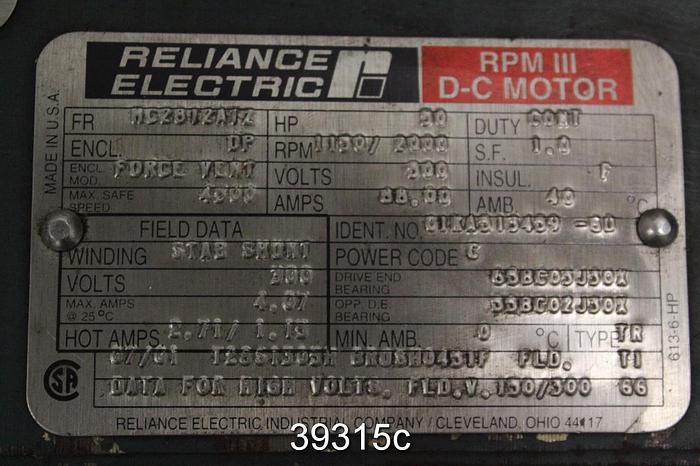 Used Reliance 50 HP DC Motor, 1150/2000 RPM, 500 Volts #39315