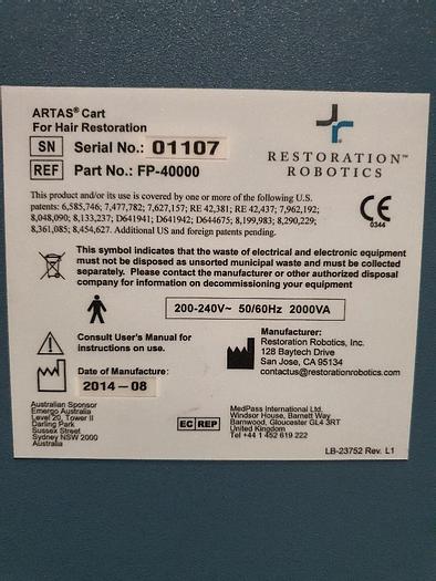 Used 2014 Restoration Robotics Inc, USA Artas Robot 9X