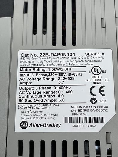 Used Allen-Bradley 22B-D4P0N104 Ser A