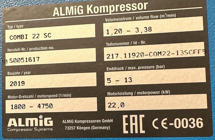 Used 2019 ALMIG Combi 22 SC Air Screw Compressor