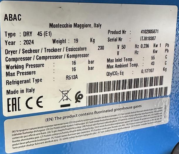 Used 2024 ABAC DRY 45 Compressed Air Refrigerated Dryer