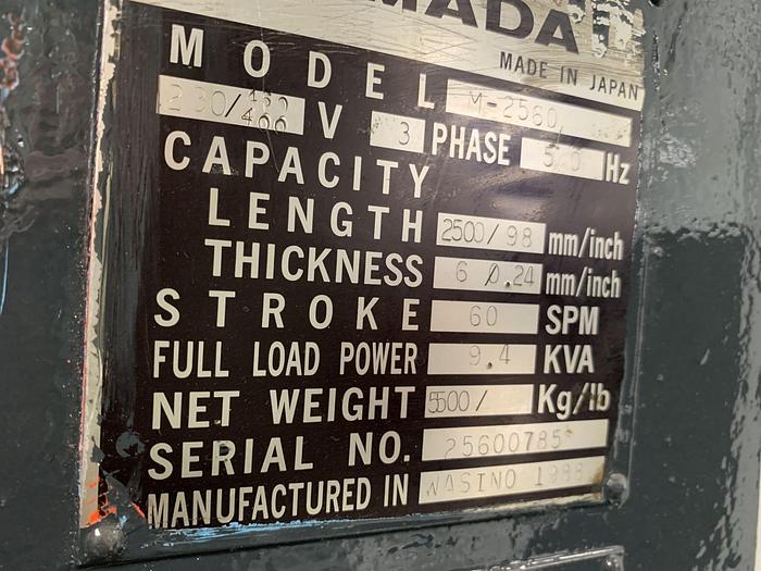 Used Amada M2560 2500mm x 6mm Hydraulic Guillotine