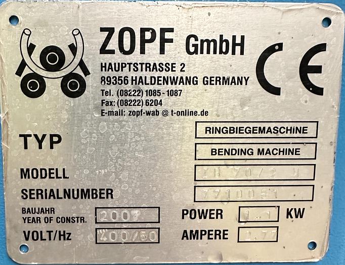 Used 2007 Zopf 2B 70/2H Ring Rollers