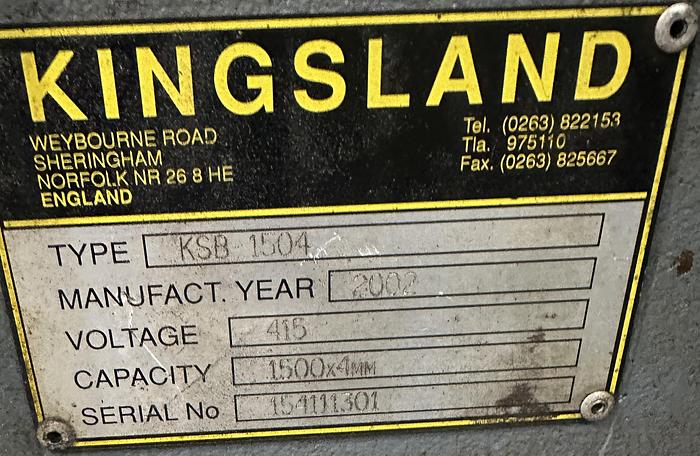 Used 2002 Kingsland KSB1504 1500mm X 4mm Hydraulic Guillotine