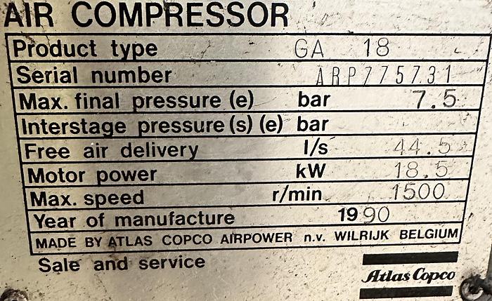 Used Atlas Copco GA18 Screw Compressor & FD40 Air Dryer