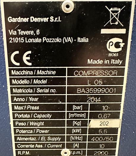 Used 2014 CompAir L 05 Air Compressor c/w Tundra 36 Refrigerant Air Dryer & Oil Water Separator