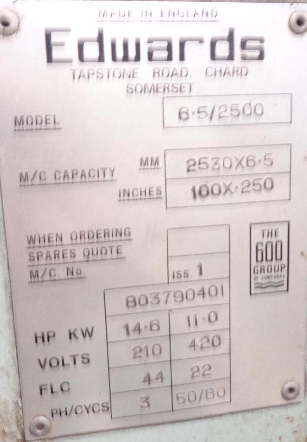 Used Edwards 6.5/2500mm Truecut Hydraulic Guillotine