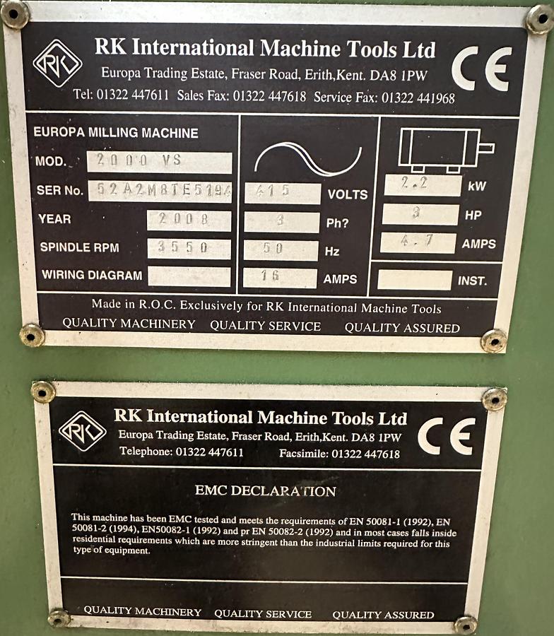 Used Europa Milltech 2000VS Turret Milling Machine