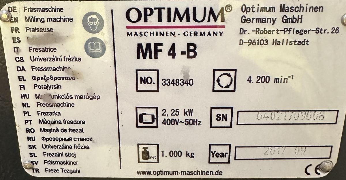 Used 2017 Optimum OPTImill MF4-B Turret Milling