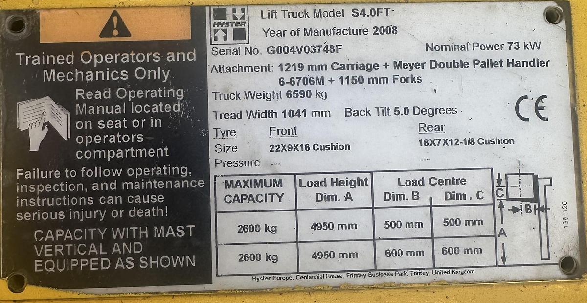 Used 2008 Hyster S4.00FT Gas Container Spec Forklift