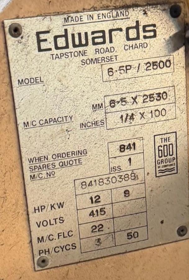 Used Edwards Pearson 6.5/2500mm Truecut Hydraulic Guillotine
