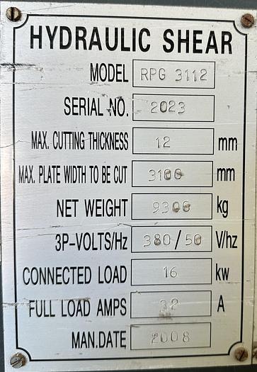 Used 2008 MMW RPG3112 3100mm x 13mm Hydraulic Guillotine