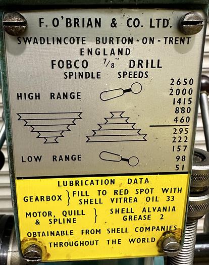 Used Fobco 7 Eight Pillar Drill