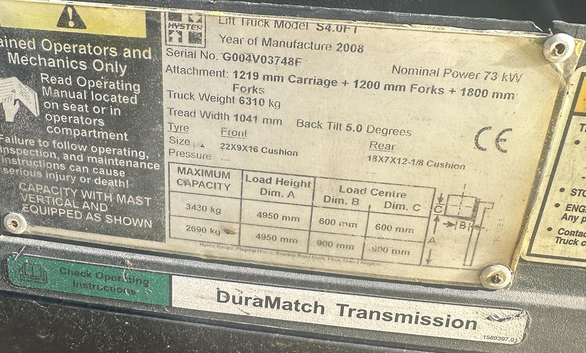 Used 2008 Hyster S4.00FT Gas Container Spec Forklift