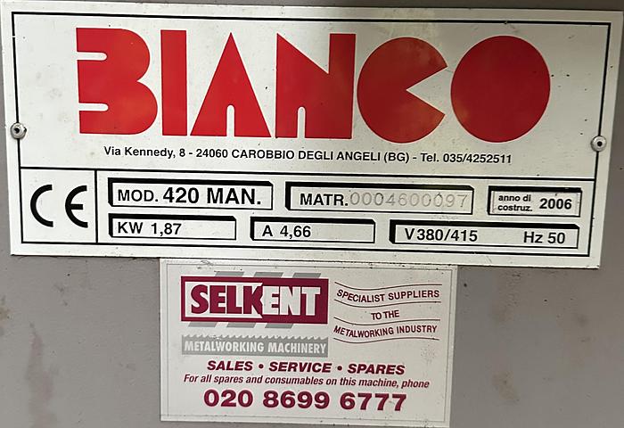 Used 2006 Bianco MOD. 420 MAN. Semi Automatic Horizontal Bandsaw