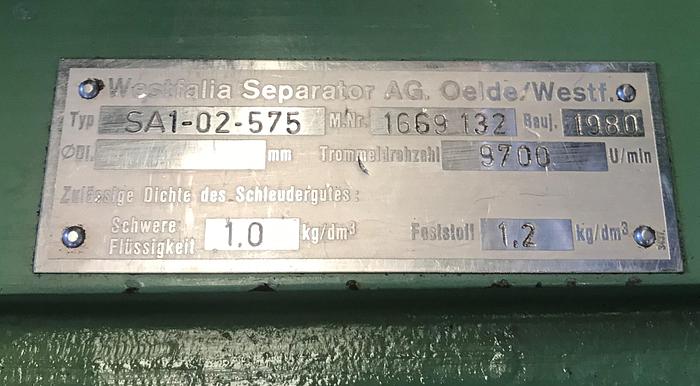Refurbished Westfalia pilot plant separator, type SA 1-02-575
