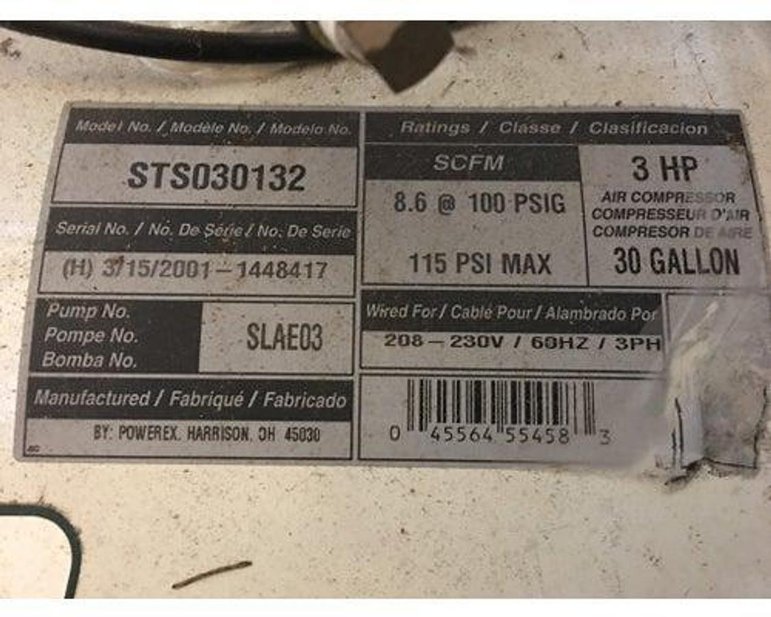 Used USED POWEREX AIR COMPRESSOR, MODEL # STS030132