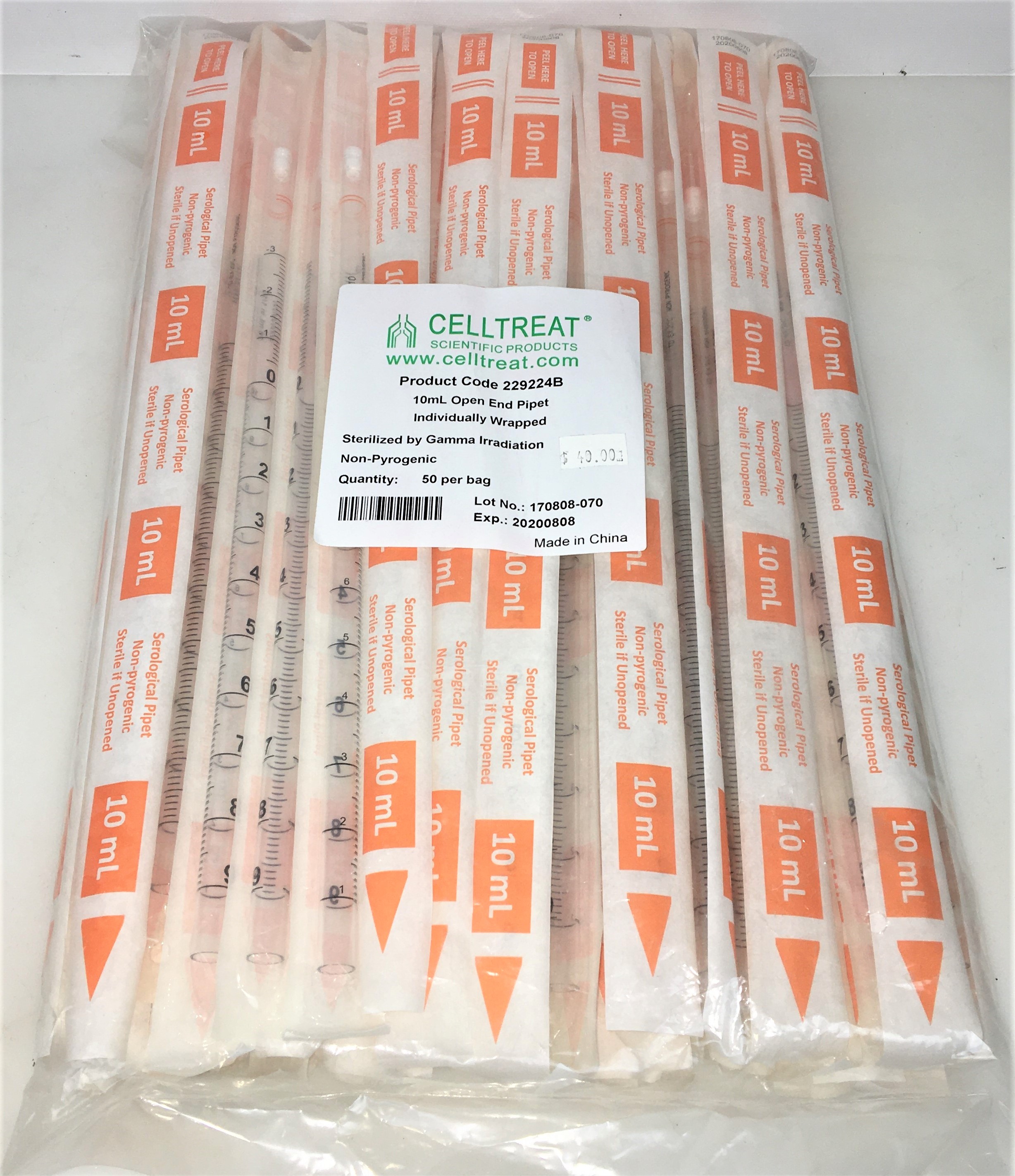 New CellTreat 229224B Open-End Serological Pipet - 10mL (Pack of 50)