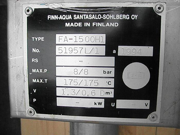 Used Evaporator, Falling Film, Clean Steam, Finn-Aqua, 1500-H-1 #S738888