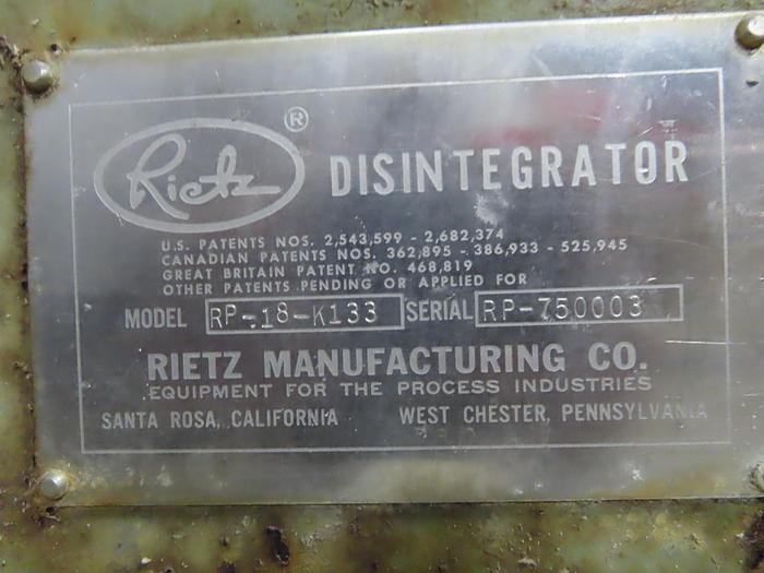 Used 100 HP RIETZ DISINTEGRATOR - S/S - WITH SPARE SCREENS
