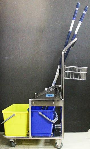 Used Micronova Stainless Steel Cart Double Bucket w/ Vileda Roll-O-Matic Mop LOT 6330