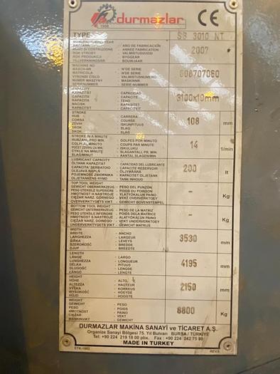 Used 2007 Durma SB3010NT Guillotine Shears