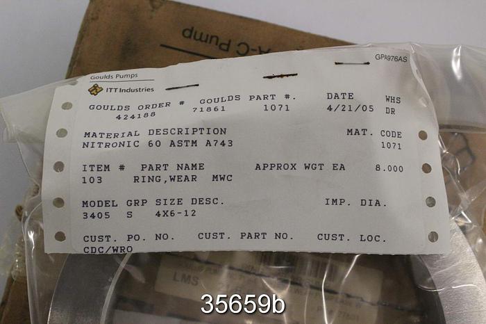 Unused Goulds 3405S 4x6x12 Pump Wear Ring #35659