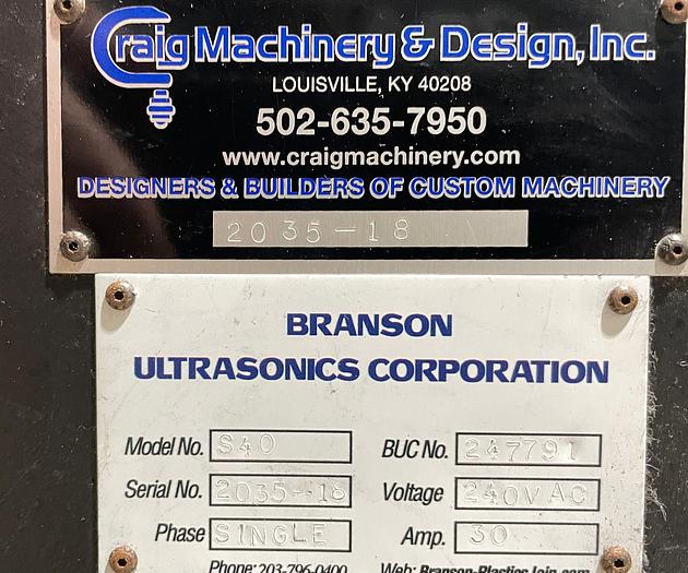 Used BRANSON S40 ROTARY 2000X ULTRASONIC WELDER SYSTEM CELL 20:4.0 4000 WATT     WITH CAMCO 6 POSITION INDEX TABLE AND PNEUMATIC PRESS