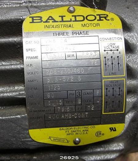 Used Baldor VM8004T Baldor 1.5 Hp Three Phase Motor, 208-230/460 Volts. #26925