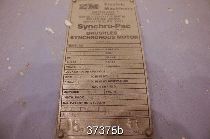 Used Electric Machinery Synchro-Pac 1500 Hp Synchonous Motor, 450 Rpm, 2300 Volts #37375
