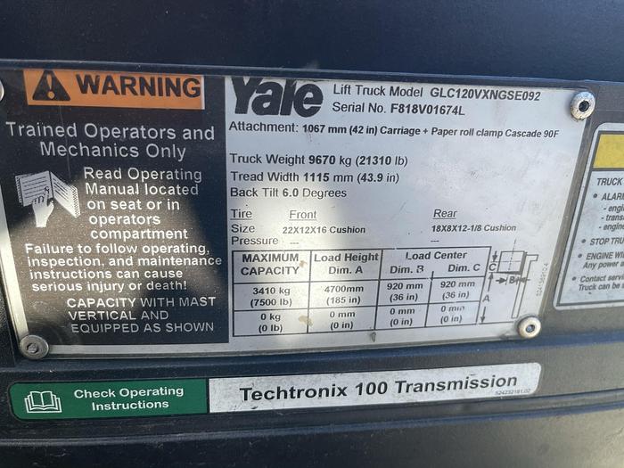 Used 12,000 POUND YALE FORKLIFT W/ OPTION FOR ROLL CLAMP