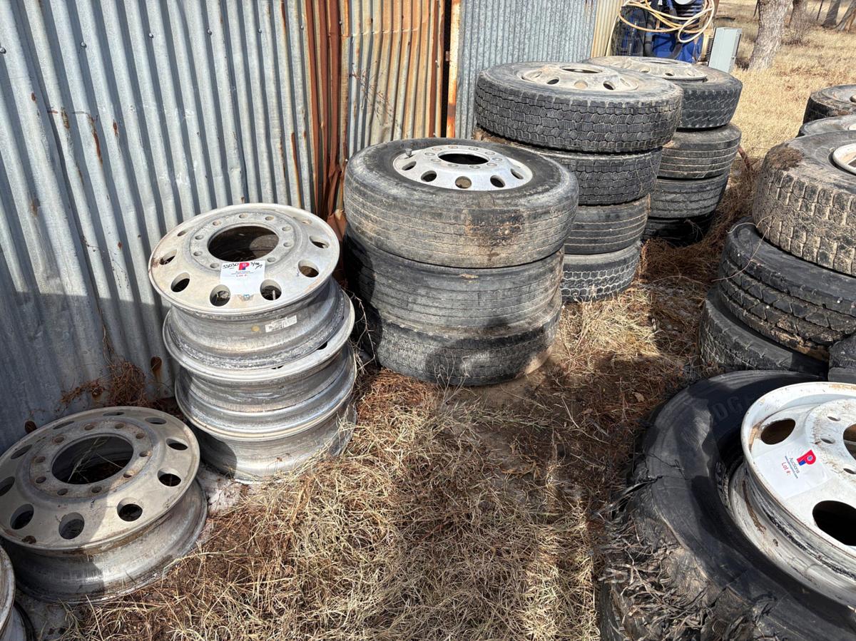 Used (11) 11r22.5 tires w/ (15) 10-lug aluminum wheels