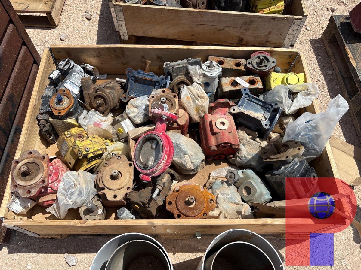Used CRATE OF (18) ASSORTED HYDRAULIC PUMPS/MOTORS & SPEED CONTROL VALVES