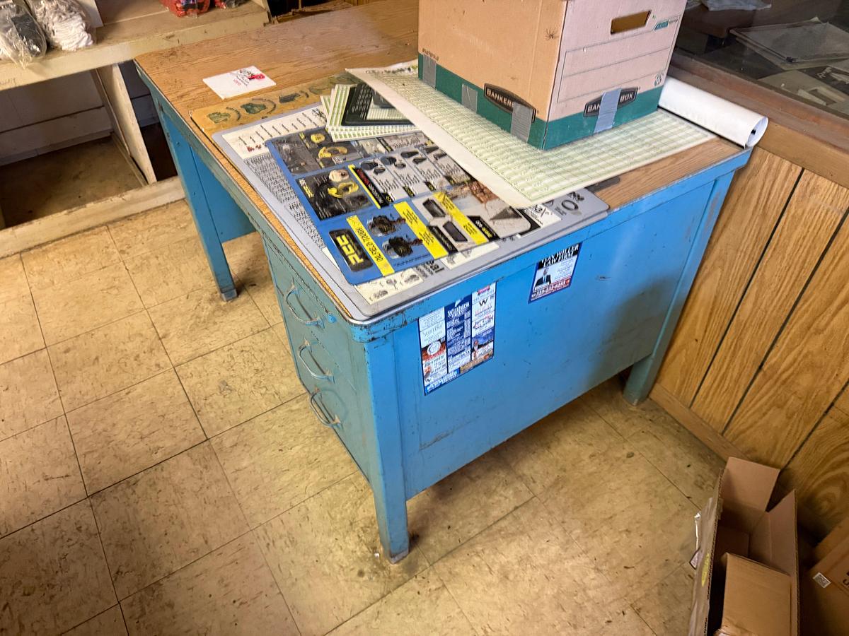 Used 3’x3’x3’ METAL DESK W/ DRAWERS & BOX W/ CONTENTS