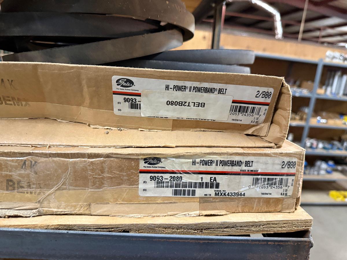 Used SECTION OF (100+) MOSTLY GOODYEAR C,D,& B-SECTION V-BELTS & (4) POWERBAND V-BELTS, SIZE RANGE C60 THRU C206 & D-210